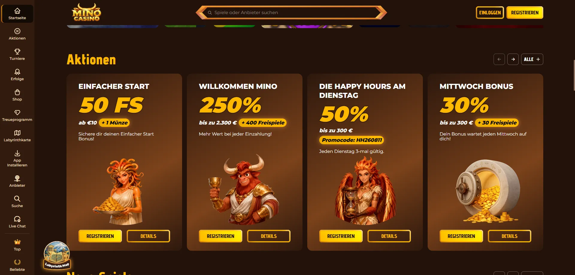 Mino Casino Willkommensbonus bis €1.500 plus 250 Freispiele